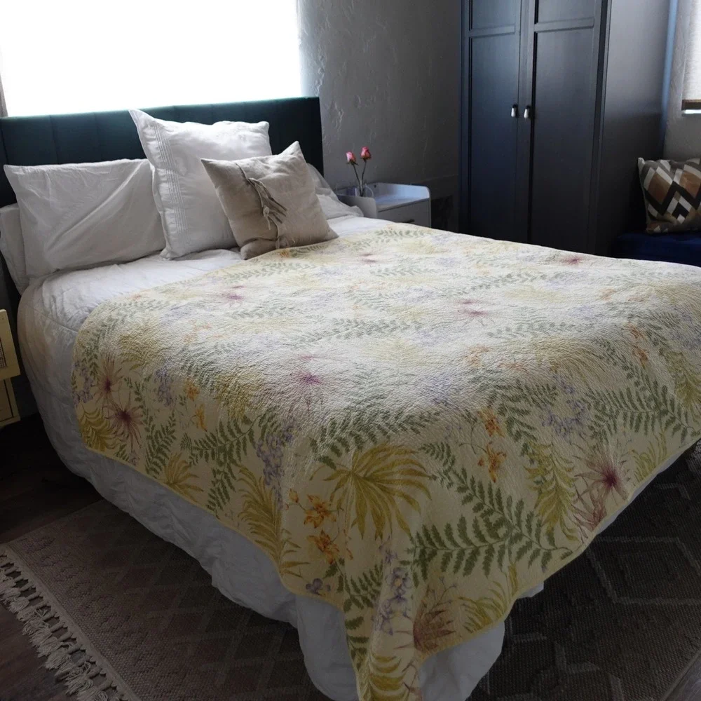 Shabby Botanical Cotton Quilt Yellow Cottagecore Country Floral Fern Boho 64x86